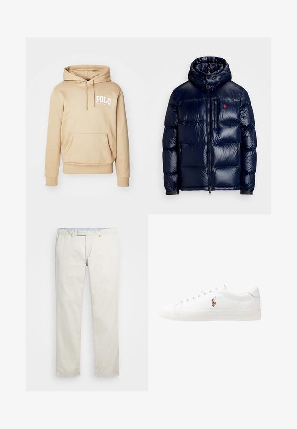 Casaco puffer azul-marinho com um acabamento brilhante, apresentando um capuz, fecho frontal com zíper e um pequeno logotipo no lado esquerdo do peito. Design acolchoado texturizado.; Sweatshirt bege com bolso tipo canguru, capuz com cordão, e logótipo "POLO" em branco no peito. Tecido suave com punhos e bainha em canelado.; Chinos de algodão bege com frente plana, passantes para cinto e bolsos laterais. Design de perna reta com uma textura suave e uma sensação leve e respirável.; Sapatilhas de couro brancas, design de cano baixo, com textura suave, biqueira redonda, atacadores à frente e um pequeno logótipo bordado na lateral.