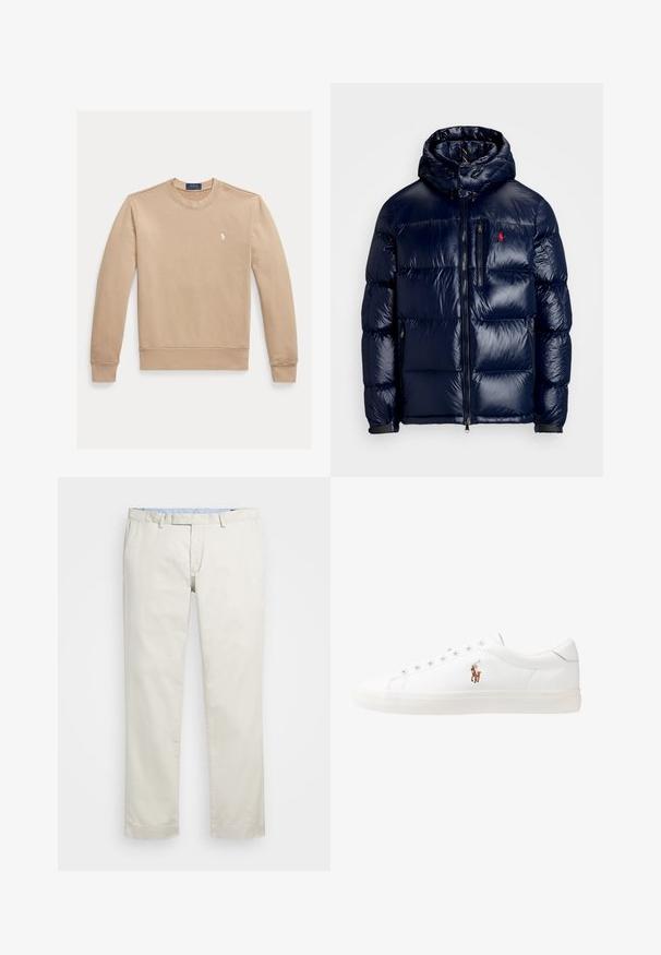 Navy blue puffer jacket with a shiny finish, featuring a hood, zippered front, and a small logo on the left chest. Textured quilted design.; Beige sweatshirt with a crew neck, long sleeves, and ribbed cuffs. Features a small white logo on the left chest. Smooth cotton material.; Beige cotton chinos with a flat front, belt loops, and side pockets. Straight-leg design with a smooth texture and a light, breathable feel.; White leather sneakers, low-top design, featuring a smooth texture, round toe, laced front, and a small embroidered logo on the side.