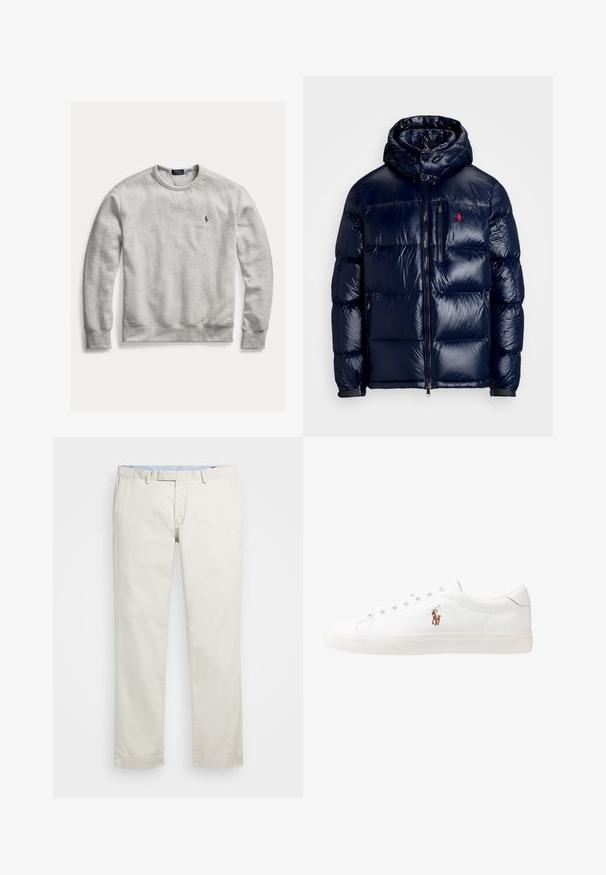 Granatowa kurtka puchowa o błyszczącym wykończeniu, z kapturem, zamkiem błyskawicznym z przodu oraz małym logo na lewej piersi. Teksturowany pikowany wzór.; Jasnoszara bawełniana bluza z okrągłym dekoltem, ściągaczami przy mankietach i u dołu. Posiada małe haftowane logo na klatce piersiowej. Tekstura: miękka.; Beżowe bawełniane chinosy z płaskim przodem, szlufkami na pasek i bocznymi kieszeniami. Prosty krój z gładką fakturą i lekkim, przewiewnym uczuciem.; Białe skórzane sneakersy, niskoprofilowy design, charakteryzujące się gładką fakturą, okrągłym noskiem, sznurowanym przodem i małym haftowanym logo z boku.