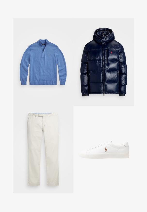 Námornícka modrá prešívaná bunda s lesklým povrchom, s kapucňou, zipsom vpredu a malým logom na ľavej hrudi. Textúrovaný prešívaný dizajn.; Svetlá modrá, pletená mikina s vysokým golierom, štvrť-zipsom, rebrovanými manžetami a spodným lemom, s malým logom na ľavej hrudi.; Béžové bavlnené chinos nohavice s plochým predným dielom, pútka na opasok a bočnými vreckami. Rovný strih s hladkou textúrou a ľahkým, priedušným pocitom.; Biele kožené tenisky s nízkym strihom, s hladkou textúrou, okrúlym špičkou, šnurovaním vpredu a malým vyšitým logom na boku.