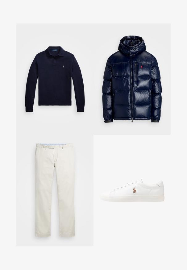 Casaco puffer azul-marinho com um acabamento brilhante, apresentando um capuz, fecho frontal com zíper e um pequeno logotipo no lado esquerdo do peito. Design acolchoado texturizado.; Sweater de malha azul-marinho com gola polo e mangas longas, punhos e cintura canelados. Apresenta um pequeno logotipo bordado no lado esquerdo do peito.; Chinos de algodão bege com frente plana, passantes para cinto e bolsos laterais. Design de perna reta com uma textura suave e uma sensação leve e respirável.; Sapatilhas de couro brancas, design de cano baixo, com textura suave, biqueira redonda, atacadores à frente e um pequeno logótipo bordado na lateral.