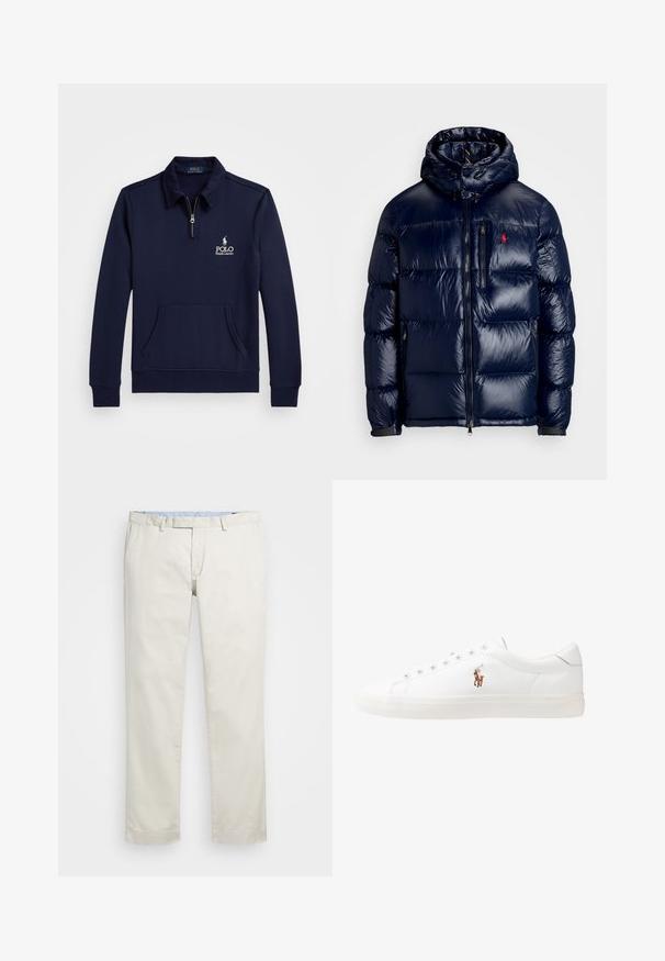 Tumši zils pūkainais jaka ar spīdīgu apdari, ar kapuci, ar rāvējslēdzēja priekšpusi un mazu logo kreisajā krūtī. Tekstūrēta izšūšanas dizains.; Jūras spēku ceturtdaļas rāvējslēdzēja džemperis, izgatavots no mīksta materiāla, ar priekšējo kabatu un izšūtu logotipu kreisajā krūtī kā detaļu.; Bežīgas kokvilnas chinos bikses ar gludu priekšpusi, jostas cilpām un sānu kabatām. Taisnas kājas dizains ar gludu tekstūru un vieglu, elpojošu sajūtu.; Baltas ādas sporta apavi, zema dizaina, ar gludu tekstūru, noapaļotu purngalu, ar auklēm priekšpusē un nelielu izšūtu logotipu sānos.