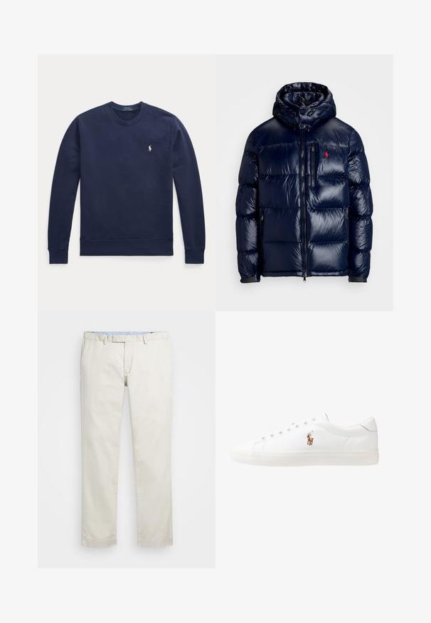 Mörkblå puffjacka med en skinande yta, utrustad med huva, dragkedja fram och en liten logotyp på vänster bröst. Texturerad kviltad design.; Marinblå sweatshirt i mjukt tyg, med rund hals, långa ärmar och en liten vit logotyp på bröstet. Enkel design.; Beige bomullskinos med rak framdel, bältesöglor och sidofickor. Rakt ben med en slät textur och en lätt, andningsbar känsla.; Vita lädersneakers, låg design, med en slät yta, rund tå, snörning fram och en liten broderad logotyp på sidan.