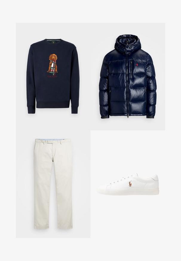 Casaco puffer azul-marinho com um acabamento brilhante, apresentando um capuz, fecho frontal com zíper e um pequeno logotipo no lado esquerdo do peito. Design acolchoado texturizado.; Sweatshirt azul-marinho com mangas longas, apresentando um cão castanho a segurar um cachecol de xadrez; texto "Hackett" abaixo do desenho em vermelho. Material de algodão macio.; Chinos de algodão bege com frente plana, passantes para cinto e bolsos laterais. Design de perna reta com uma textura suave e uma sensação leve e respirável.; Sapatilhas de couro brancas, design de cano baixo, com textura suave, biqueira redonda, atacadores à frente e um pequeno logótipo bordado na lateral.