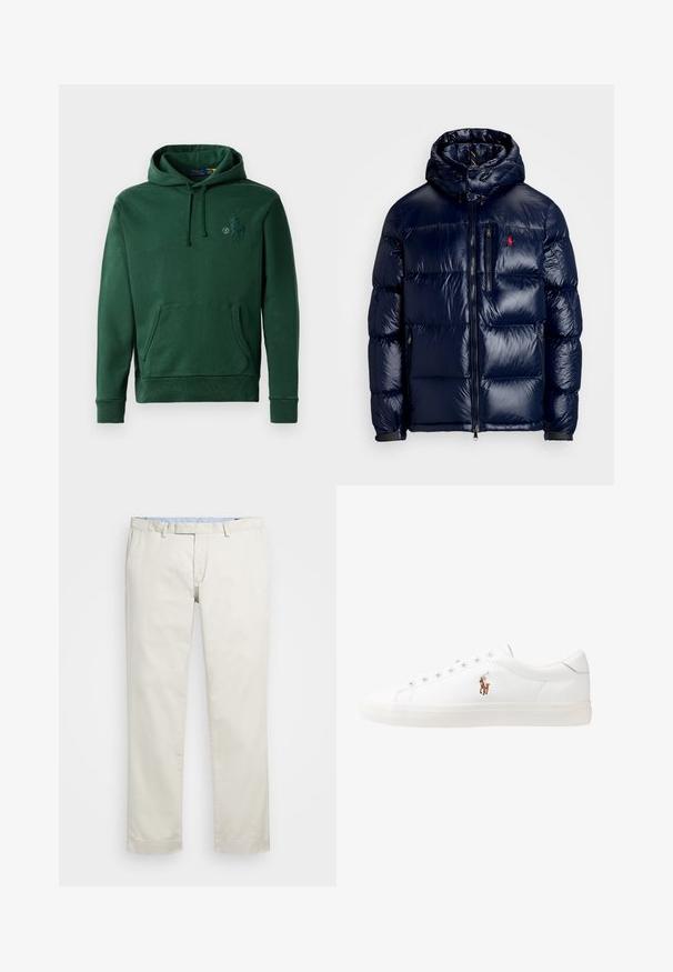 Casaco puffer azul-marinho com um acabamento brilhante, apresentando um capuz, fecho frontal com zíper e um pequeno logotipo no lado esquerdo do peito. Design acolchoado texturizado.; Sweatshirt verde com bolso frontal, capuz com cordão e detalhe de logotipo bordado. Feito de um tecido macio com um acabamento texturizado.; Chinos de algodão bege com frente plana, passantes para cinto e bolsos laterais. Design de perna reta com uma textura suave e uma sensação leve e respirável.; Sapatilhas de couro brancas, design de cano baixo, com textura suave, biqueira redonda, atacadores à frente e um pequeno logótipo bordado na lateral.
