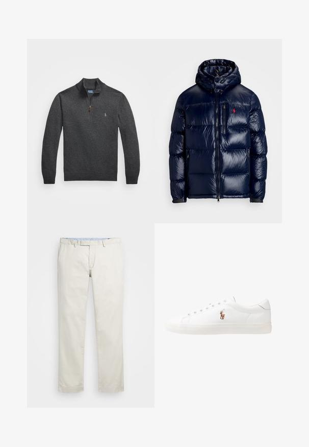 Navykék puffertakaró kabát fényes felülettel, kapucnival, cipzáros elülső résszel és egy kis logóval a bal mellen. Texturált steppelt mintázat.; Sötétszürke, zipzáras pulóver kötött anyagból. Magas gallérral és a mellkasánél kis hímezett logóval rendelkezik. Simaszerkezetű.; Beige pamut chinin, lapos elülső résszel, övhurkokkal és oldalsó zsebekkel. Egyenes lábú kialakítás, sima textúrával és könnyű, lélegző érzettel.; Fehér bőr sportcipők, alacsony fazonban, sima textúrával, kerek orral, fűzős előlappal és egy kis hímezett logóval az oldalon.