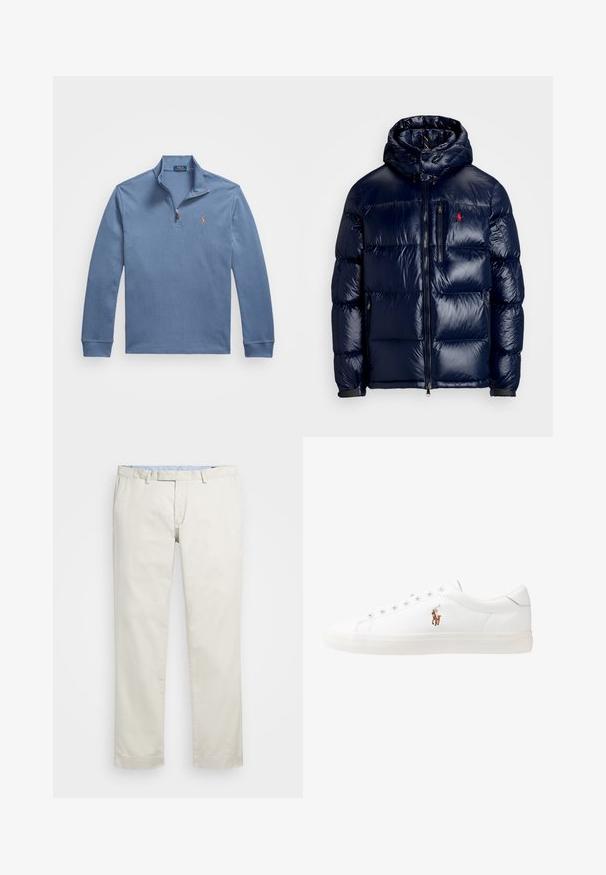 Mörkblå puffjacka med en skinande yta, utrustad med huva, dragkedja fram och en liten logotyp på vänster bröst. Texturerad kviltad design.; Ljusblå tröja i bomull med halvvinddrag, långa ärmar och en liten broderad logga på bröstet.; Beige bomullskinos med rak framdel, bältesöglor och sidofickor. Rakt ben med en slät textur och en lätt, andningsbar känsla.; Vita lädersneakers, låg design, med en slät yta, rund tå, snörning fram och en liten broderad logotyp på sidan.
