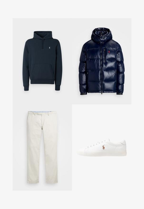 Navykék puffertakaró kabát fényes felülettel, kapucnival, cipzáros elülső résszel és egy kis logóval a bal mellen. Texturált steppelt mintázat.; Sötétkék pulóver puha anyagból, kanguru zsebbel és húzószorítós kapucnival, a bal mellkas részen egy kis fehér logóval.; Beige pamut chinin, lapos elülső résszel, övhurkokkal és oldalsó zsebekkel. Egyenes lábú kialakítás, sima textúrával és könnyű, lélegző érzettel.; Fehér bőr sportcipők, alacsony fazonban, sima textúrával, kerek orral, fűzős előlappal és egy kis hímezett logóval az oldalon.