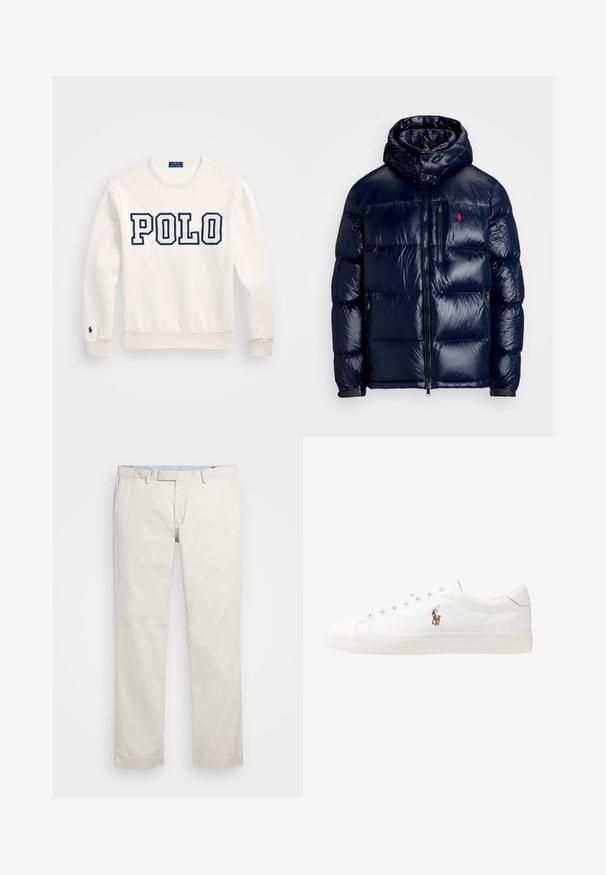 Casaco puffer azul-marinho com um acabamento brilhante, apresentando um capuz, fecho frontal com zíper e um pequeno logotipo no lado esquerdo do peito. Design acolchoado texturizado.; Sweatshirt branca com "POLO" em letras maiúsculas azul-marinho, gola redonda, mangas longas, punhos e bainha canelados, com um pequeno logótipo na manga esquerda.; Chinos de algodão bege com frente plana, passantes para cinto e bolsos laterais. Design de perna reta com uma textura suave e uma sensação leve e respirável.; Sapatilhas de couro brancas, design de cano baixo, com textura suave, biqueira redonda, atacadores à frente e um pequeno logótipo bordado na lateral.