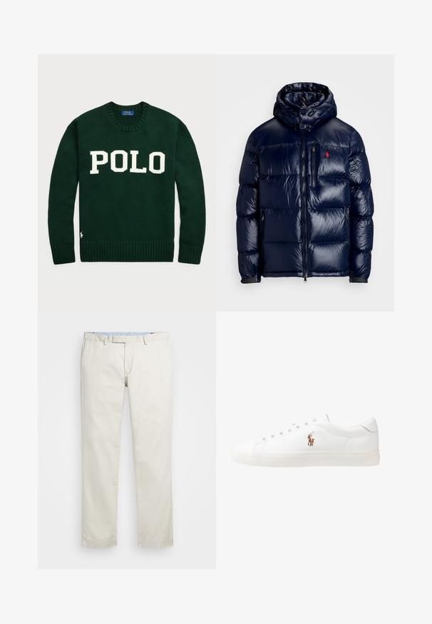 Tamsiai mėlynas pūkinis švarkas su blizgiu paviršiumi, turintis gobtuvą, užtrauktuką priekyje ir mažą logotipą ant kairės krūtinės. Raštuota siuvinėta konstrukcija.; Žalias megztinis su užrašu "POLO" didelėmis baltomis raidėmis, su raukšlėtais rankogaliais ir atsuktu galiniu kraštu, bei mažu logotipo akcentu kairiajame apatinėje pusėje.; Šviesiai rudi medvilniniai chinos tipo kelnės su plokščiu priekiniu dizainu, diržo kilpomis ir šoninėmis kišenėmis. Tiesaus kirpimo dizainas su lygiu paviršiumi ir lengvu, kvėpuojančiu jausmu.; Baltos odinės sportbačiai, žemo profilio, su lygia tekstūra, apvalia nosimi, raištelių sistema priekyje ir mažyte siuvinėta logo šone.