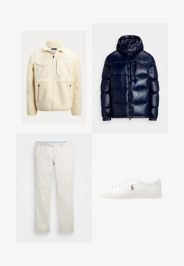 Tumesinine pahtli jakk, millel on läikiv viimistlus, kapuuts, lukuga esikülg ja väike logo vasakul rinnal. Tekstuuriga ääristatud õmblusdisain.; Beežist fliisist pullover kraega kaelusega, eest lukuga, rinnataskuga ja küljetaskutega. Omaduseks reljeefne, pehme kangas.; Beeži puuvillased chinosid, millel on lame eesosa, vöökohataod ja küljetaskud. Sirge jalgade disain sujuva tekstuuriga ja kerge, hingava tunnetusega.; Valged nahast tossud, madala ülaservaga disain, millel on sile tekstuur, ümar varvas, nööridega esiosa ja väike tikand logoga küljel.