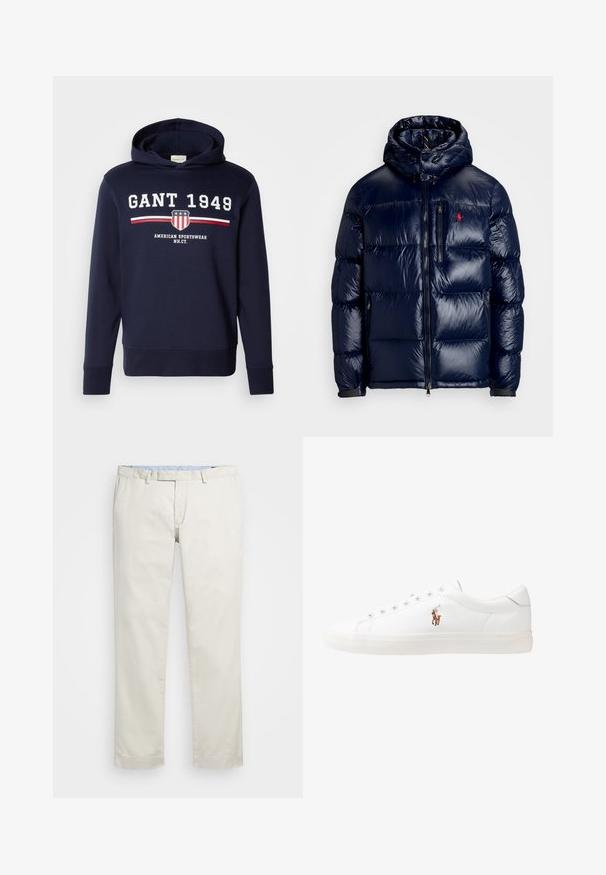 Jachetă puffer de culoare albastru închis, cu un finisaj lucios, având o glugă, fermoar frontal și un logo mic pe partea stângă a pieptului. Design texturat matlasat.; Hanorac bleumarin cu un grafic frontal care prezintă "GANT 1949" și un logo cu scut. Fabricat din material moale, are mâneci lungi și glugă cu șnur.; Chino din bumbac bej cu față plată, bucle pentru curea și buzunare laterale. Design cu picioare drepte, textură netedă și o senzație ușoară și respirabilă.; Adidași din piele albă, design de tip low-top, cu o textură netedă, vârf rotund, față șiretată și un mic logo brodat pe lateral.