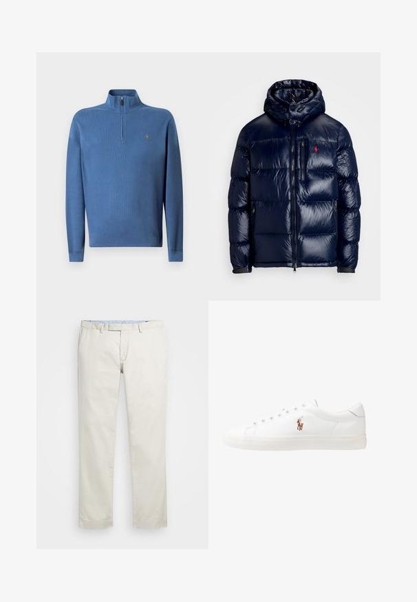 Temno modra puhovka s sijočo površino, opremljena s kapuco, z zadrgo spredaj in majhnim logotipom na levem prsnem delu. Ima strukturirano prešito zasnovo.; Modra pulover z half-zip ovratnikom, rebrastimi manšeti in majhnim vezenim logotipom na prsih. Narejen iz mehkega materiala z gladko teksturo.; Bežna bombažna chinosa z ravnim sprednjim delom, zankami za pas in stranskimi žepi. Dizajn z ravnimi nogavicami z gladko teksturo in lahkotnim, zračnim občutkom.; Bela usnjena teniski čevlji, nizki model, z gladko teksturo, okrogle konice, vezavi spredaj ter majhnim vezenim logotipom na strani.