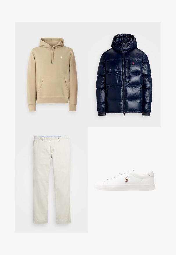 Tumši zils pūkainais jaka ar spīdīgu apdari, ar kapuci, ar rāvējslēdzēja priekšpusi un mazu logo kreisajā krūtī. Tekstūrēta izšūšanas dizains.; Bēžs džemperis izgatavots no mīksta auduma ar kangaroo kabatu, kapuci ar auklu un mazu logo izšuvumu uz krūškurvja. Iezīmējas ar ribotām aprocēm.; Bežīgas kokvilnas chinos bikses ar gludu priekšpusi, jostas cilpām un sānu kabatām. Taisnas kājas dizains ar gludu tekstūru un vieglu, elpojošu sajūtu.; Baltas ādas sporta apavi, zema dizaina, ar gludu tekstūru, noapaļotu purngalu, ar auklēm priekšpusē un nelielu izšūtu logotipu sānos.