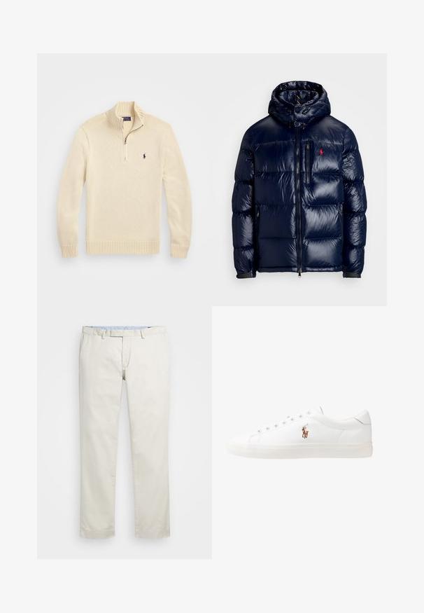 Casaco puffer azul-marinho com um acabamento brilhante, apresentando um capuz, fecho frontal com zíper e um pequeno logotipo no lado esquerdo do peito. Design acolchoado texturizado.; Sweater de malha de cor creme com um fecho éclair de comprimento de um quarto, punhos e barra canelados, e um pequeno logotipo bordado no lado esquerdo do peito.; Chinos de algodão bege com frente plana, passantes para cinto e bolsos laterais. Design de perna reta com uma textura suave e uma sensação leve e respirável.; Sapatilhas de couro brancas, design de cano baixo, com textura suave, biqueira redonda, atacadores à frente e um pequeno logótipo bordado na lateral.