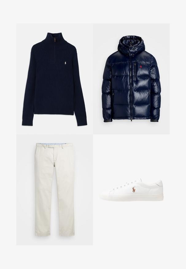 Casaco puffer azul-marinho com um acabamento brilhante, apresentando um capuz, fecho frontal com zíper e um pequeno logotipo no lado esquerdo do peito. Design acolchoado texturizado.; Pullover de malha canelada azul-marinho com colarinho alto e zíper de um quarto. Apresenta um pequeno logotipo no lado esquerdo do peito. Textura suave e design ajustado.; Chinos de algodão bege com frente plana, passantes para cinto e bolsos laterais. Design de perna reta com uma textura suave e uma sensação leve e respirável.; Sapatilhas de couro brancas, design de cano baixo, com textura suave, biqueira redonda, atacadores à frente e um pequeno logótipo bordado na lateral.