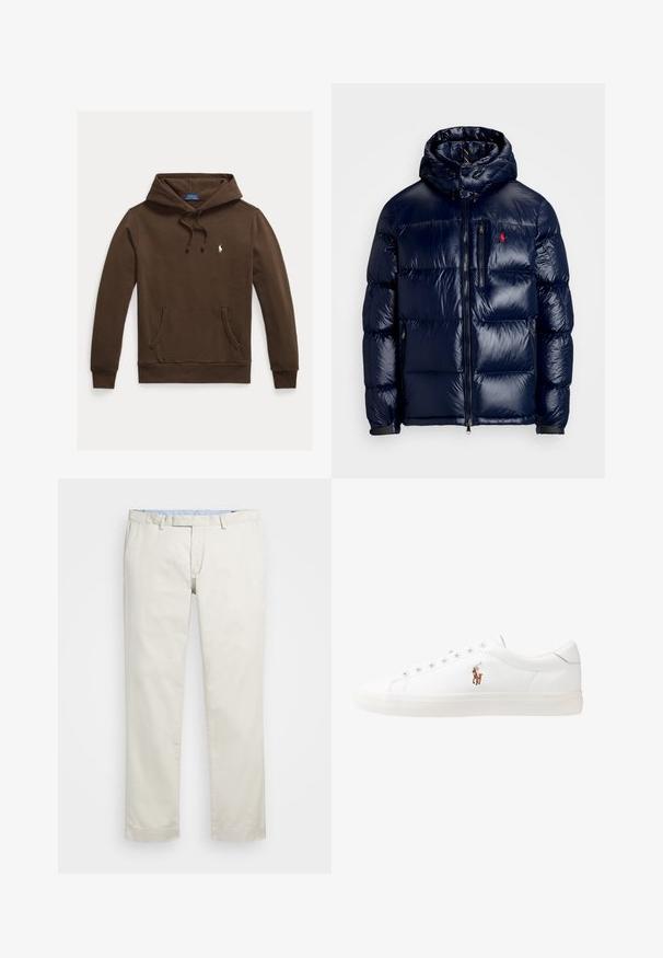 Navy blue puffer jacket with a shiny finish, featuring a hood, zippered front, and a small logo on the left chest. Textured quilted design.; Brown hoodie with a kangaroo pocket, drawstrings, and a small white embroidered logo. Soft fabric with ribbed cuffs and hem.; Beige cotton chinos with a flat front, belt loops, and side pockets. Straight-leg design with a smooth texture and a light, breathable feel.; White leather sneakers, low-top design, featuring a smooth texture, round toe, laced front, and a small embroidered logo on the side.