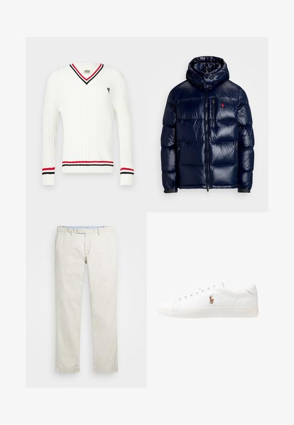 Veste matelassée bleu marine avec une finition brillante, dotée d'une capuche, d'une fermeture éclair à l'avant et d'un petit logo sur la poitrine gauche. Design matelassé texturé.; Pull en maille torsadée blanche avec encolure en V, présentant des accents rayés noirs et rouges sur le col et les poignets, ainsi qu'un petit motif brodé.; Chino en coton beige avec une taille plate, des passants de ceinture et des poches latérales. Coupe droite avec une texture lisse et une sensation légère et respirante.; Baskets en cuir blanc, design bas, avec une texture lisse, bout rond, lacets à l'avant et un petit logo brodé sur le côté.