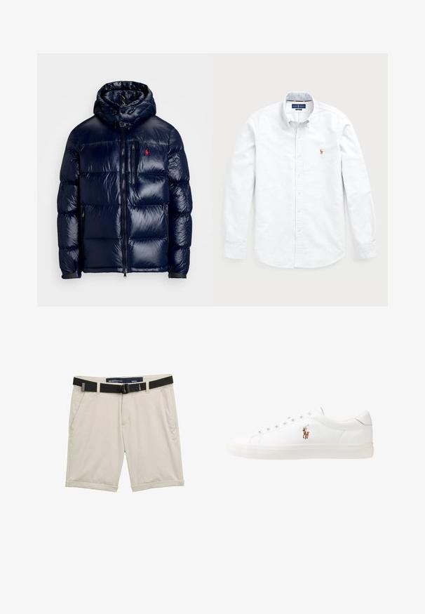 Námornícka modrá prešívaná bunda s lesklým povrchom, s kapucňou, zipsom vpredu a malým logom na ľavej hrudi. Textúrovaný prešívaný dizajn.; Biela košeľa s dlhým rukávom a gombíkmi vyrobená z bavlny. Má rozšírený golier, zapínanie na gombíky a malé vyšívané logo na hrudi.; Bežové šortky s čiernym nastaviteľným opaskom. Vyrobené z ľahkej tkaniny, s bočnými vreckami a zrolovanými manžetami pre ležérny vzhľad. Veľkosť M.; Biele kožené tenisky s nízkym strihom, s hladkou textúrou, okrúlym špičkou, šnurovaním vpredu a malým vyšitým logom na boku.