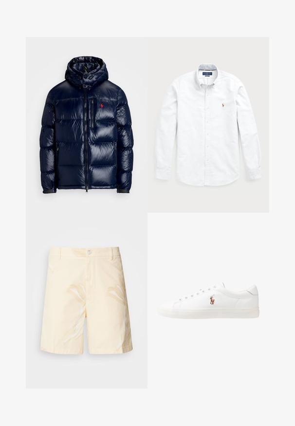 Navy blue puffer jacket with a shiny finish, featuring a hood, zippered front, and a small logo on the left chest. Textured quilted design.; White long-sleeve button-up shirt made of cotton. Features a spread collar, button closure, and a small embroidered logo on the chest.; Cotton shorts in pale yellow with a floral pattern. Features a button closure, front pockets, and a straight cut with hemmed edges.; White leather sneakers, low-top design, featuring a smooth texture, round toe, laced front, and a small embroidered logo on the side.