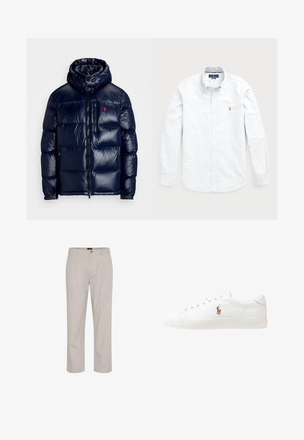 Tamsiai mėlynas pūkinis švarkas su blizgiu paviršiumi, turintis gobtuvą, užtrauktuką priekyje ir mažą logotipą ant kairės krūtinės. Raštuota siuvinėta konstrukcija.; Balta ilgomis rankovėmis marškinėliai, pagaminti iš medvilnės. Turi atvirus apykaklę, mygtukų užsegimą ir mažą siuvinėtą logotipą ant krūtinės.; Šviesiai pilki dryžuoti kelnių, tiesaus kirpimo, su vienu mygtuku užsegimu juosmens srityje ir dviem priekinėmis kišenėmis. Lygi tekstūra.; Baltos odinės sportbačiai, žemo profilio, su lygia tekstūra, apvalia nosimi, raištelių sistema priekyje ir mažyte siuvinėta logo šone.