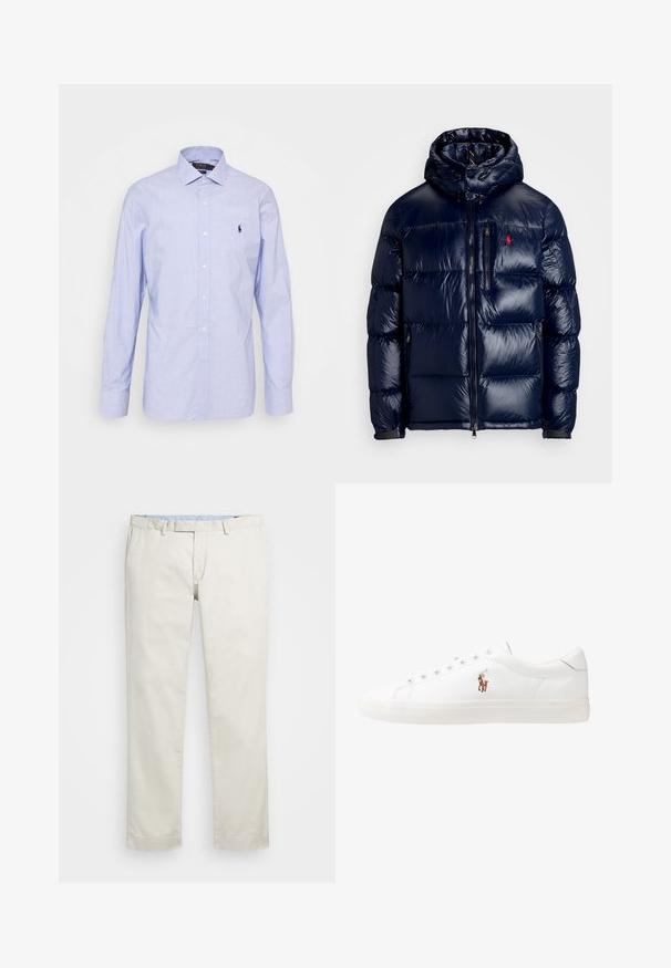Tumši zils pūkainais jaka ar spīdīgu apdari, ar kapuci, ar rāvējslēdzēja priekšpusi un mazu logo kreisajā krūtī. Tekstūrēta izšūšanas dizains.; Gaiši zila, garām piedurknēm pogājama krekls mīkstā audumā. Iespējo klasisku apkaklīti, priekšējo pogu rindas un nelielu izšūtu logo uz krūtīm.; Bežīgas kokvilnas chinos bikses ar gludu priekšpusi, jostas cilpām un sānu kabatām. Taisnas kājas dizains ar gludu tekstūru un vieglu, elpojošu sajūtu.; Baltas ādas sporta apavi, zema dizaina, ar gludu tekstūru, noapaļotu purngalu, ar auklēm priekšpusē un nelielu izšūtu logotipu sānos.