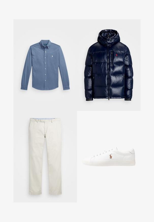 Temno modra puhovka s sijočo površino, opremljena s kapuco, z zadrgo spredaj in majhnim logotipom na levem prsnem delu. Ima strukturirano prešito zasnovo.; Srajca na gumb v svetlo modri barvi, iz bombažnega materiala, dolgi rokavi z gumbastimi zapestji, klasičen ovratnik ter izvezen logotip na prsih.; Bežna bombažna chinosa z ravnim sprednjim delom, zankami za pas in stranskimi žepi. Dizajn z ravnimi nogavicami z gladko teksturo in lahkotnim, zračnim občutkom.; Bela usnjena teniski čevlji, nizki model, z gladko teksturo, okrogle konice, vezavi spredaj ter majhnim vezenim logotipom na strani.