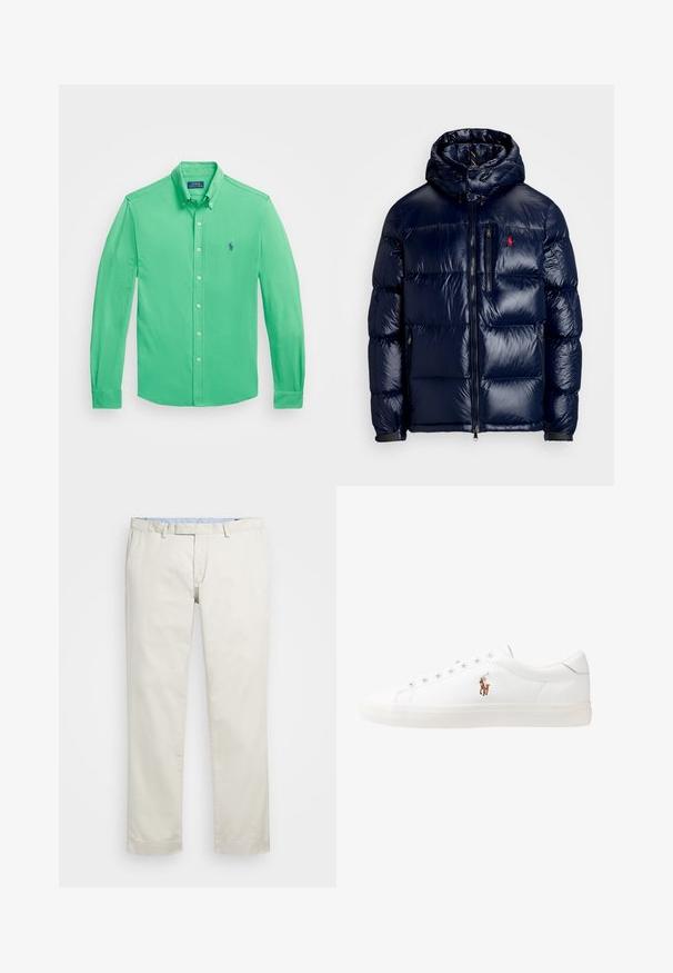 Casaco puffer azul-marinho com um acabamento brilhante, apresentando um capuz, fecho frontal com zíper e um pequeno logotipo no lado esquerdo do peito. Design acolchoado texturizado.; Polo Ralph Lauren FEATHERWEIGHT SHIRT - Camisa - classic kelly; Chinos de algodão bege com frente plana, passantes para cinto e bolsos laterais. Design de perna reta com uma textura suave e uma sensação leve e respirável.; Sapatilhas de couro brancas, design de cano baixo, com textura suave, biqueira redonda, atacadores à frente e um pequeno logótipo bordado na lateral.