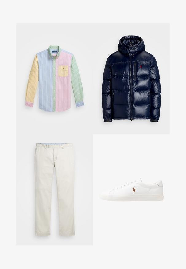 Námorně modrá péřová bunda s lesklým povrchem, s kapucí, zipovým zapínáním a malým logem na levé hrudi. Texturovaný prošívaný design.; Pestrý pruhovaný košile v žluté, modré, růžové a zelené barvě. Dvouřadý límec a náprsní kapsa s malým logem.; Béžové bavlněné chinos kalhoty s plochým předním dílem, poutky na opasek a bočními kapsami. Rovný střih s hladkou texturou a lehkým, prodyšným pocitem.; Bílé kožené tenisky, nízký střih, s hladkým povrchem, kulatou špičkou, šněrováním v přední části a malým vyšitým logem na boku.