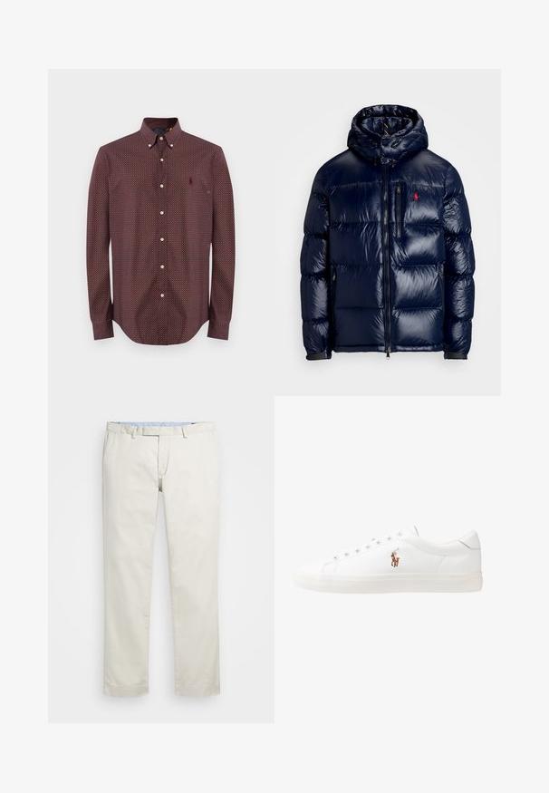 Temno modra puhovka s sijočo površino, opremljena s kapuco, z zadrgo spredaj in majhnim logotipom na levem prsnem delu. Ima strukturirano prešito zasnovo.; Rdeča srajca z dolgimi rokavi in geometrijskim vzorcem, kontrastnim ovratnikom in stikom s prišitim logotipom na prsih. Tkanina iz mešanice bombaža.; Bežna bombažna chinosa z ravnim sprednjim delom, zankami za pas in stranskimi žepi. Dizajn z ravnimi nogavicami z gladko teksturo in lahkotnim, zračnim občutkom.; Bela usnjena teniski čevlji, nizki model, z gladko teksturo, okrogle konice, vezavi spredaj ter majhnim vezenim logotipom na strani.