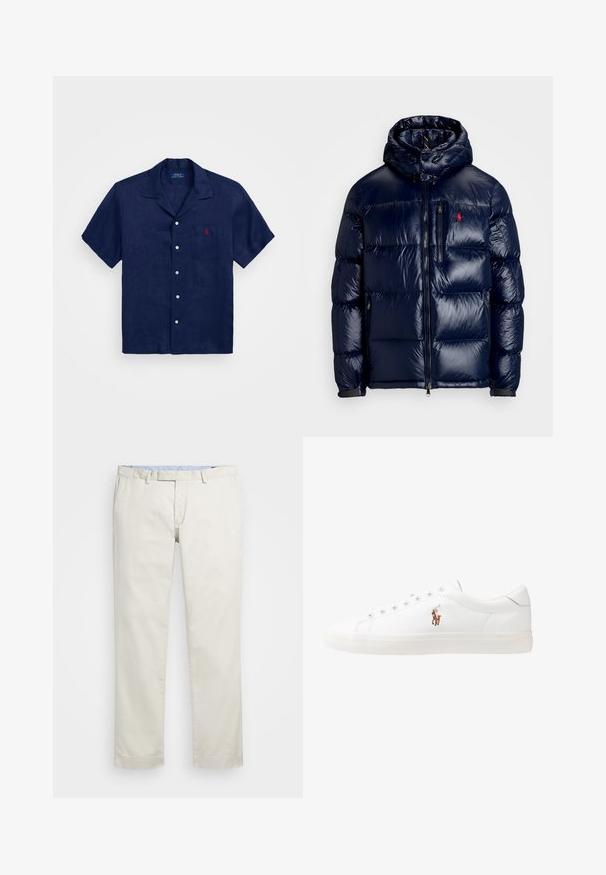 Tamsiai mėlynas pūkinis švarkas su blizgiu paviršiumi, turintis gobtuvą, užtrauktuką priekyje ir mažą logotipą ant kairės krūtinės. Raštuota siuvinėta konstrukcija.; Tamsiai mėlyna trumpas rankovėmis marškiniai, pagaminti iš lino, su mygtukų uždarymu priekyje, smailiu apykakle, viena krūtine kišenė ir raudonas logotipas kišenėje.; Šviesiai rudi medvilniniai chinos tipo kelnės su plokščiu priekiniu dizainu, diržo kilpomis ir šoninėmis kišenėmis. Tiesaus kirpimo dizainas su lygiu paviršiumi ir lengvu, kvėpuojančiu jausmu.; Baltos odinės sportbačiai, žemo profilio, su lygia tekstūra, apvalia nosimi, raištelių sistema priekyje ir mažyte siuvinėta logo šone.