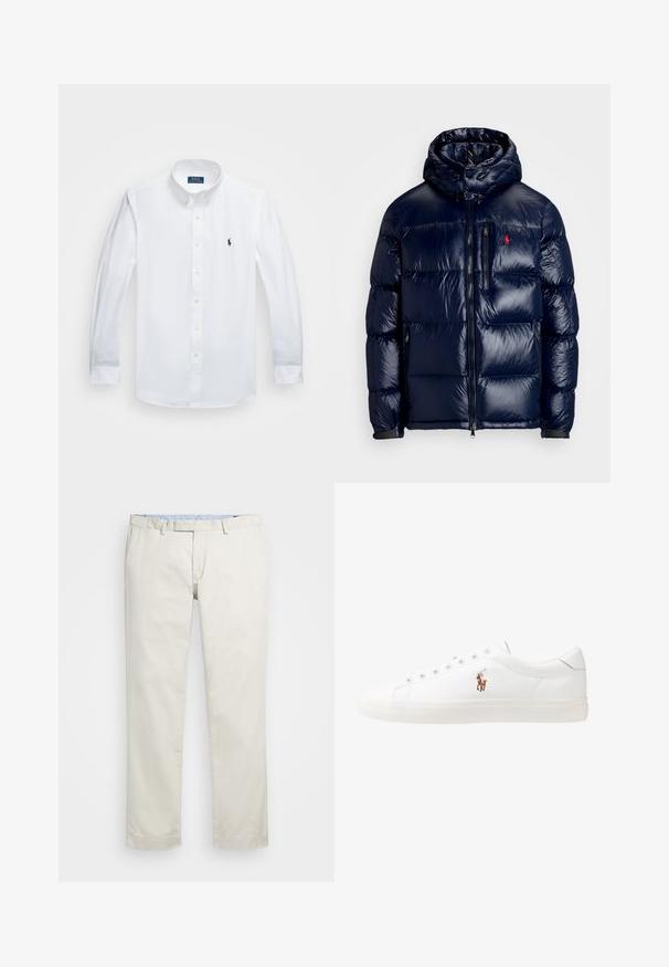 Casaco puffer azul-marinho com um acabamento brilhante, apresentando um capuz, fecho frontal com zíper e um pequeno logotipo no lado esquerdo do peito. Design acolchoado texturizado.; Camisa de botão branca de algodão com mangas longas, apresentando um colarinho clássico, um pequeno logótipo azul no lado esquerdo do peito e botões amarelos.; Chinos de algodão bege com frente plana, passantes para cinto e bolsos laterais. Design de perna reta com uma textura suave e uma sensação leve e respirável.; Sapatilhas de couro brancas, design de cano baixo, com textura suave, biqueira redonda, atacadores à frente e um pequeno logótipo bordado na lateral.