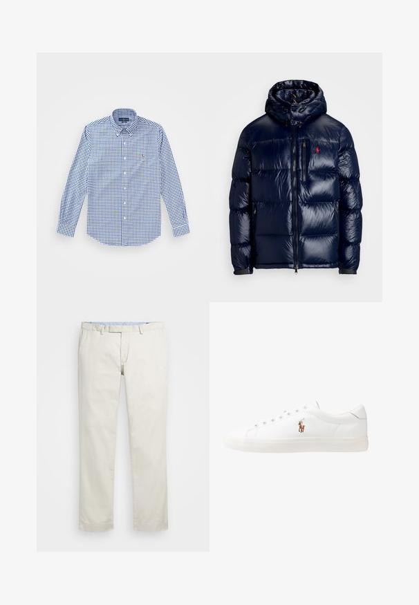 Temno modra puhovka s sijočo površino, opremljena s kapuco, z zadrgo spredaj in majhnim logotipom na levem prsnem delu. Ima strukturirano prešito zasnovo.; Modra in bela karirana srajca z dolgimi rokavi, z ovratnikom na gumbe in majhnim vezenim logotipom na prsih. Iz bombažnega materiala.; Bežna bombažna chinosa z ravnim sprednjim delom, zankami za pas in stranskimi žepi. Dizajn z ravnimi nogavicami z gladko teksturo in lahkotnim, zračnim občutkom.; Bela usnjena teniski čevlji, nizki model, z gladko teksturo, okrogle konice, vezavi spredaj ter majhnim vezenim logotipom na strani.