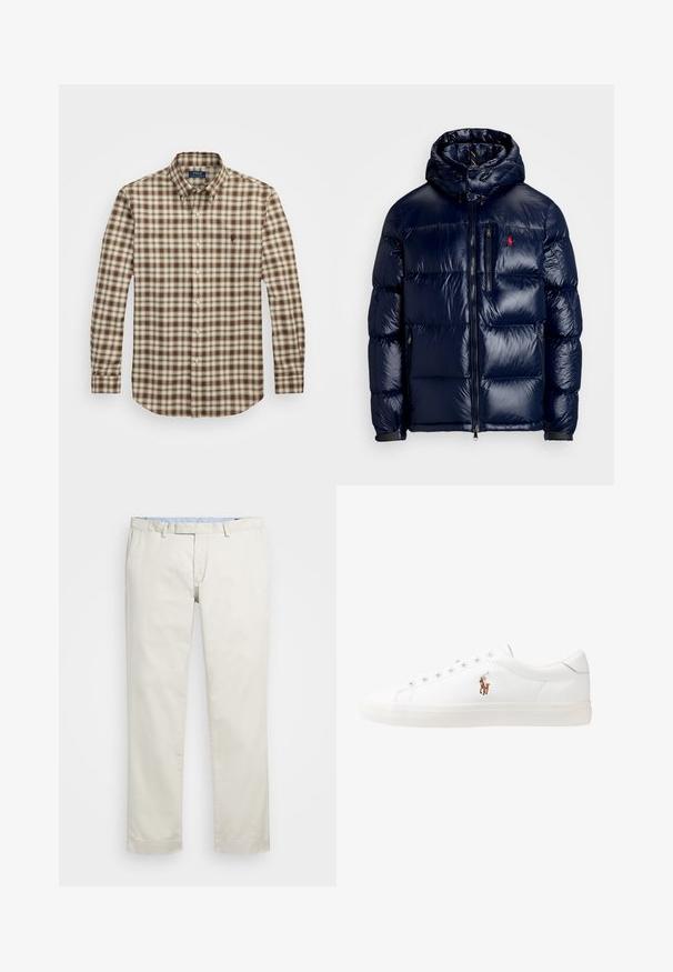 Ναυτικό μπλε φούτερ μπουφάν με γυαλιστερή επιφάνεια, διαθέτει κουκούλα, φερμουάρ μπροστά και μικρό λογότυπο στο αριστερό στήθος. Σατέν ραφή.; Μακρυμάνικο πουκάμισο με κουμπιά σε καφέ και κρεμ καρό σχέδιο, φτιαγμένο από βαμβάκι, με γιακά και ένα μικρό λογότυπο στο στήθος.; Μπεζ βαμβακερές chinos με επίπεδο μπροστινό μέρος, θηλιές ζώνης και πλάγιες τσέπες. Σχεδίαση ίσιων ποδιών με μαλακή υφή και ελαφριά, αναπνεύσιμη αίσθηση.; Λευκά δερμάτινα sneakers, χαμηλού σχεδιασμού, με απαλή υφή, στρογγυλή μύτη, δέσιμο μπροστά και μικρό κεντημένο λογότυπο στο πλάι.