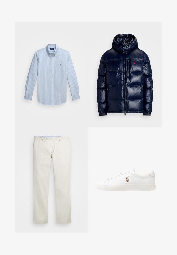 Casaco puffer azul-marinho com um acabamento brilhante, apresentando um capuz, fecho frontal com zíper e um pequeno logotipo no lado esquerdo do peito. Design acolchoado texturizado.; Camisa de botão em azul claro com finas riscas brancas, feita de algodão. Apresenta um colarinho italiano e um pequeno logótipo bordado no peito.; Chinos de algodão bege com frente plana, passantes para cinto e bolsos laterais. Design de perna reta com uma textura suave e uma sensação leve e respirável.; Sapatilhas de couro brancas, design de cano baixo, com textura suave, biqueira redonda, atacadores à frente e um pequeno logótipo bordado na lateral.