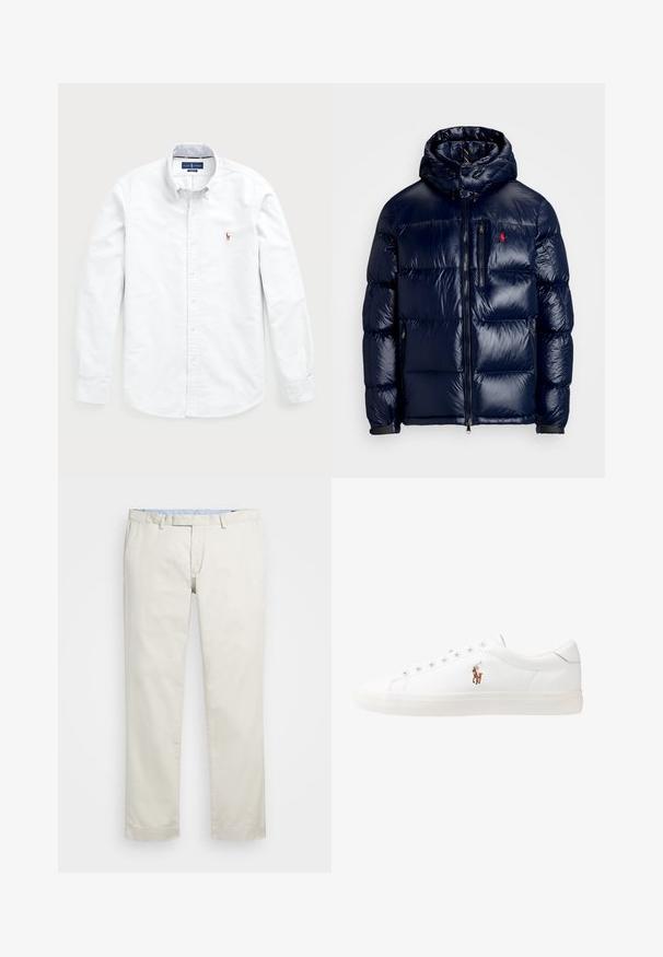 Tamsiai mėlynas pūkinis švarkas su blizgiu paviršiumi, turintis gobtuvą, užtrauktuką priekyje ir mažą logotipą ant kairės krūtinės. Raštuota siuvinėta konstrukcija.; Balta ilgomis rankovėmis marškinėliai, pagaminti iš medvilnės. Turi atvirus apykaklę, mygtukų užsegimą ir mažą siuvinėtą logotipą ant krūtinės.; Šviesiai rudi medvilniniai chinos tipo kelnės su plokščiu priekiniu dizainu, diržo kilpomis ir šoninėmis kišenėmis. Tiesaus kirpimo dizainas su lygiu paviršiumi ir lengvu, kvėpuojančiu jausmu.; Baltos odinės sportbačiai, žemo profilio, su lygia tekstūra, apvalia nosimi, raištelių sistema priekyje ir mažyte siuvinėta logo šone.