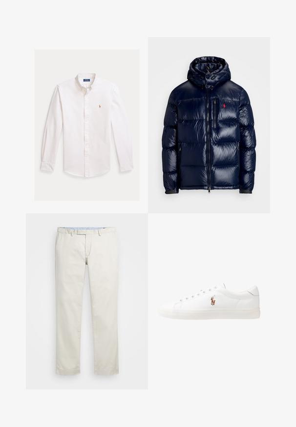 Casaco puffer azul-marinho com um acabamento brilhante, apresentando um capuz, fecho frontal com zíper e um pequeno logotipo no lado esquerdo do peito. Design acolchoado texturizado.; Camisa branca de botões com riscas claras, mangas compridas, gola pontiaguda e logótipo bordado no peito. Material de algodão, textura suave.; Chinos de algodão bege com frente plana, passantes para cinto e bolsos laterais. Design de perna reta com uma textura suave e uma sensação leve e respirável.; Sapatilhas de couro brancas, design de cano baixo, com textura suave, biqueira redonda, atacadores à frente e um pequeno logótipo bordado na lateral.