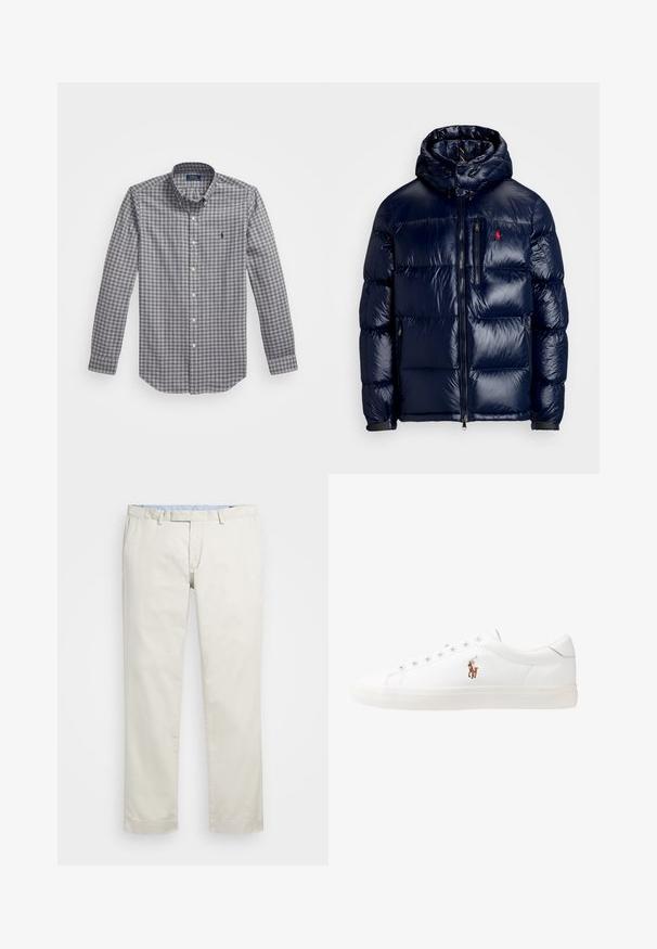 Granatowa kurtka puchowa o błyszczącym wykończeniu, z kapturem, zamkiem błyskawicznym z przodu oraz małym logo na lewej piersi. Teksturowany pikowany wzór.; Koszula z długim rękawem, zapinana na guziki, w szaro-białą kratę, z kołnierzykiem zapinanym na guziki, z guzikami z przodu oraz małym haftowanym logo na klatce piersiowej.; Beżowe bawełniane chinosy z płaskim przodem, szlufkami na pasek i bocznymi kieszeniami. Prosty krój z gładką fakturą i lekkim, przewiewnym uczuciem.; Białe skórzane sneakersy, niskoprofilowy design, charakteryzujące się gładką fakturą, okrągłym noskiem, sznurowanym przodem i małym haftowanym logo z boku.