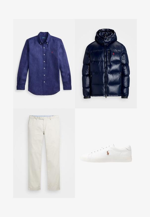 Tamsiai mėlynas pūkinis švarkas su blizgiu paviršiumi, turintis gobtuvą, užtrauktuką priekyje ir mažą logotipą ant kairės krūtinės. Raštuota siuvinėta konstrukcija.; Tamsiai mėlynas lininis ilgomis rankovėmis marškiniai su apykakle su saga, priekinė siūlė ir mažas raudonas siuvinėtas logotipas kairėje krūtinės pusėje.; Šviesiai rudi medvilniniai chinos tipo kelnės su plokščiu priekiniu dizainu, diržo kilpomis ir šoninėmis kišenėmis. Tiesaus kirpimo dizainas su lygiu paviršiumi ir lengvu, kvėpuojančiu jausmu.; Baltos odinės sportbačiai, žemo profilio, su lygia tekstūra, apvalia nosimi, raištelių sistema priekyje ir mažyte siuvinėta logo šone.