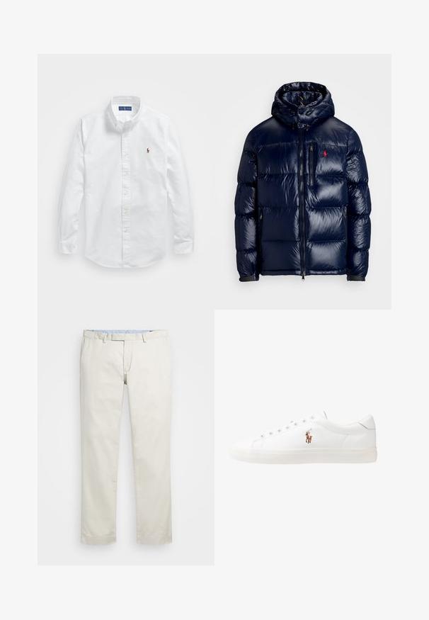 Casaco puffer azul-marinho com um acabamento brilhante, apresentando um capuz, fecho frontal com zíper e um pequeno logotipo no lado esquerdo do peito. Design acolchoado texturizado.; Camisa de botão branca de algodão com colarinho clássico, mangas longas e um pequeno logótipo bordado no lado esquerdo do peito.; Chinos de algodão bege com frente plana, passantes para cinto e bolsos laterais. Design de perna reta com uma textura suave e uma sensação leve e respirável.; Sapatilhas de couro brancas, design de cano baixo, com textura suave, biqueira redonda, atacadores à frente e um pequeno logótipo bordado na lateral.