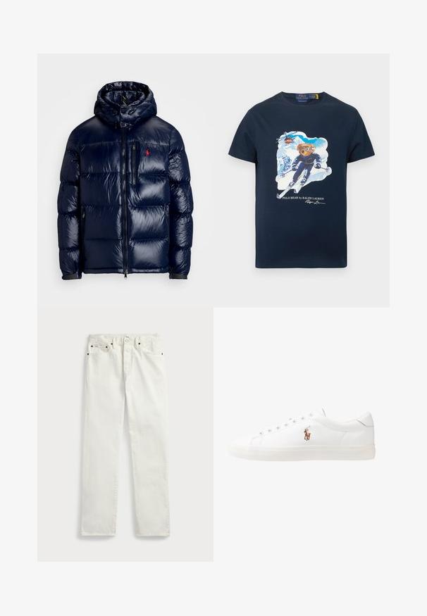 Temno modra puhovka s sijočo površino, opremljena s kapuco, z zadrgo spredaj in majhnim logotipom na levem prsnem delu. Ima strukturirano prešito zasnovo.; Temno modra bombažna majica z motivom medveda na smučeh v smučarski opremi, v ozadju helikopter in pod njim ime blagovne znamke.; Bele kavbojke iz denima s ravnim krojem, ki imajo pet žepov, kovinske gumbe in šive v kontrastni barvi vzdolž šivov. Gladka tekstura.; Bela usnjena teniski čevlji, nizki model, z gladko teksturo, okrogle konice, vezavi spredaj ter majhnim vezenim logotipom na strani.