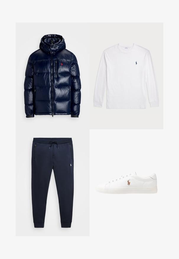 Granatowa kurtka puchowa o błyszczącym wykończeniu, z kapturem, zamkiem błyskawicznym z przodu oraz małym logo na lewej piersi. Teksturowany pikowany wzór.; Biały t-shirt z długim rękawem wykonany z bawełny. Posiada okrągły dekolt, ściągacze przy mankietach oraz małe granatowe logo polo na lewej piersi.; Granatowe spodnie dresowe z miękkiej mieszanki bawełny, z regulowanym pasem, kieszeniami na zamek oraz małym logo na lewym udzie.; Białe skórzane sneakersy, niskoprofilowy design, charakteryzujące się gładką fakturą, okrągłym noskiem, sznurowanym przodem i małym haftowanym logo z boku.