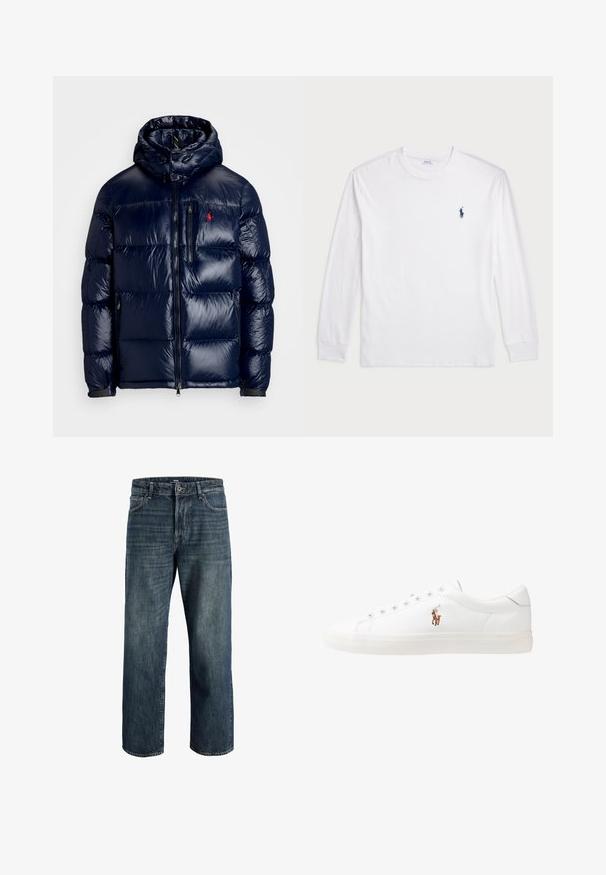 Jachetă puffer de culoare albastru închis, cu un finisaj lucios, având o glugă, fermoar frontal și un logo mic pe partea stângă a pieptului. Design texturat matlasat.; Tricou alb cu mânecă lungă, din bumbac. Are un decolteu rotund, mansete ribbate și un mic logo polo bleu închis pe pieptul stâng.; Jeans din denim de culoare albastră închisă, cu o croială lejeră, având un design cu cinci buzunare, închidere cu nasture și fermoar, și detalii vizibile de cusătură.; Adidași din piele albă, design de tip low-top, cu o textură netedă, vârf rotund, față șiretată și un mic logo brodat pe lateral.