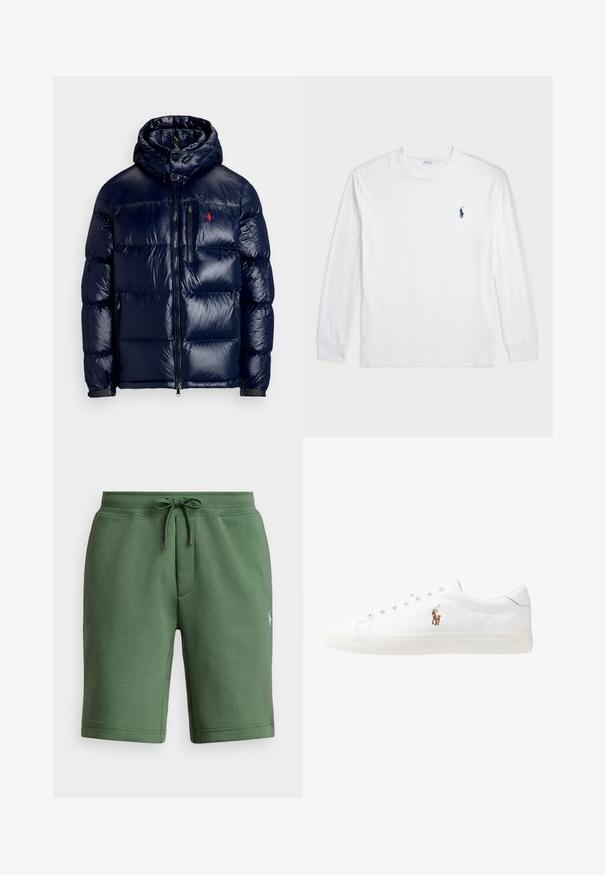 Námornícka modrá prešívaná bunda s lesklým povrchom, s kapucňou, zipsom vpredu a malým logom na ľavej hrudi. Textúrovaný prešívaný dizajn.; Biele tričko s dlhým rukávom vyrobené z bavlny. Má okrúhly výstrih, pružné manžety a malé námornícky modré logo polo na ľavej hrudi.; Zelené bavlnené šortky s elastickým pásom, sťahovacou šnúrkou a bočnými vreckami. Na ľavom stehne je malé logo.; Biele kožené tenisky s nízkym strihom, s hladkou textúrou, okrúlym špičkou, šnurovaním vpredu a malým vyšitým logom na boku.