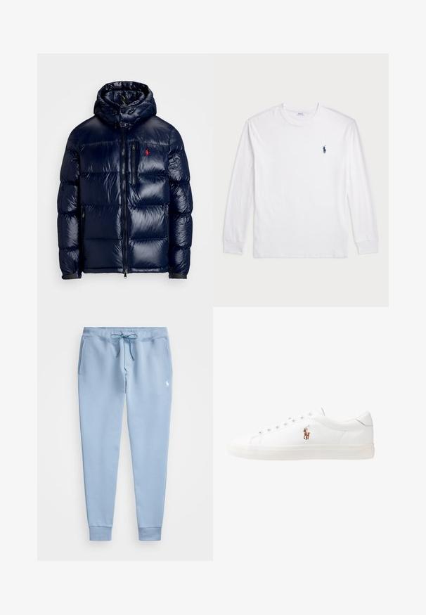 Granatowa kurtka puchowa o błyszczącym wykończeniu, z kapturem, zamkiem błyskawicznym z przodu oraz małym logo na lewej piersi. Teksturowany pikowany wzór.; Biały t-shirt z długim rękawem wykonany z bawełny. Posiada okrągły dekolt, ściągacze przy mankietach oraz małe granatowe logo polo na lewej piersi.; Polo Ralph Lauren - Spodnie treningowe; Białe skórzane sneakersy, niskoprofilowy design, charakteryzujące się gładką fakturą, okrągłym noskiem, sznurowanym przodem i małym haftowanym logo z boku.