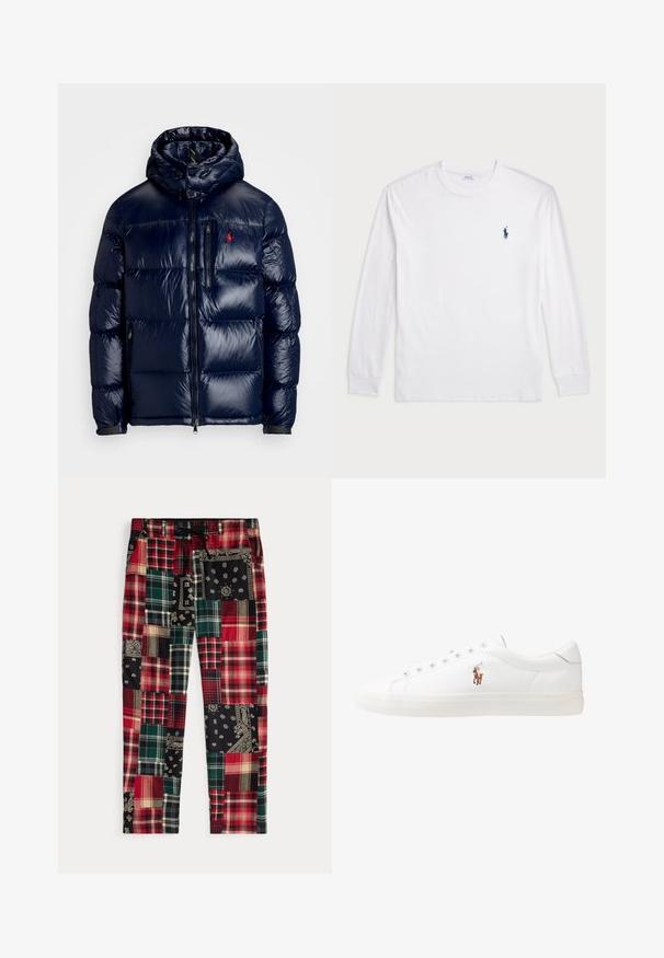 Granatowa kurtka puchowa o błyszczącym wykończeniu, z kapturem, zamkiem błyskawicznym z przodu oraz małym logo na lewej piersi. Teksturowany pikowany wzór.; Biały t-shirt z długim rękawem wykonany z bawełny. Posiada okrągły dekolt, ściągacze przy mankietach oraz małe granatowe logo polo na lewej piersi.; Spodnie typu patchwork z różnymi wzorami w kratę i kwiatowymi w kolorach czerwonym, zielonym, czarnym i kremowym; regulowany pas ze sznurkiem.; Białe skórzane sneakersy, niskoprofilowy design, charakteryzujące się gładką fakturą, okrągłym noskiem, sznurowanym przodem i małym haftowanym logo z boku.