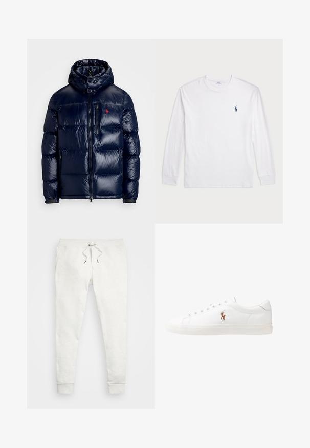 Temno modra puhovka s sijočo površino, opremljena s kapuco, z zadrgo spredaj in majhnim logotipom na levem prsnem delu. Ima strukturirano prešito zasnovo.; Bela dolga majica s dolgimi rokavi iz bombaža. Ima okroglo ovratnico, rebraste manšete in majhen temno moder polo logo na levem prsnem delu.; Svetlo sivi jogger hlače iz mehkega materiala, s elastičnim pasom ter vrvico, stranskimi žepi in zoženimi manšetami.; Bela usnjena teniski čevlji, nizki model, z gladko teksturo, okrogle konice, vezavi spredaj ter majhnim vezenim logotipom na strani.