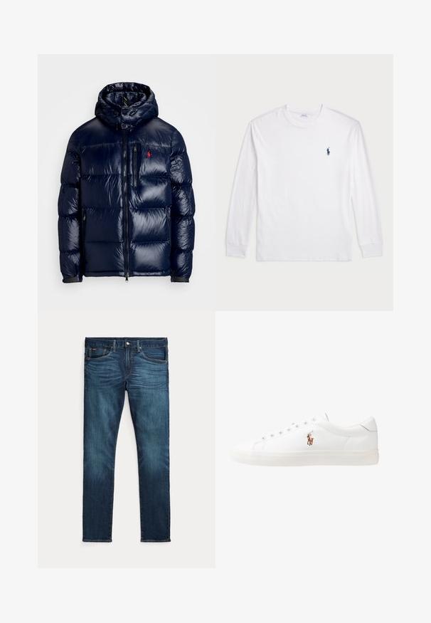 Navy blue puffer jacket with a shiny finish, featuring a hood, zippered front, and a small logo on the left chest. Textured quilted design.; White long-sleeve T-shirt made of cotton. Features a round neckline, ribbed cuffs, and a small navy blue polo logo on the left chest.; Blue slim-fit denim jeans with front pockets, belt loops, and faded detailing at the thighs and knees on a white background.; White leather sneakers, low-top design, featuring a smooth texture, round toe, laced front, and a small embroidered logo on the side.