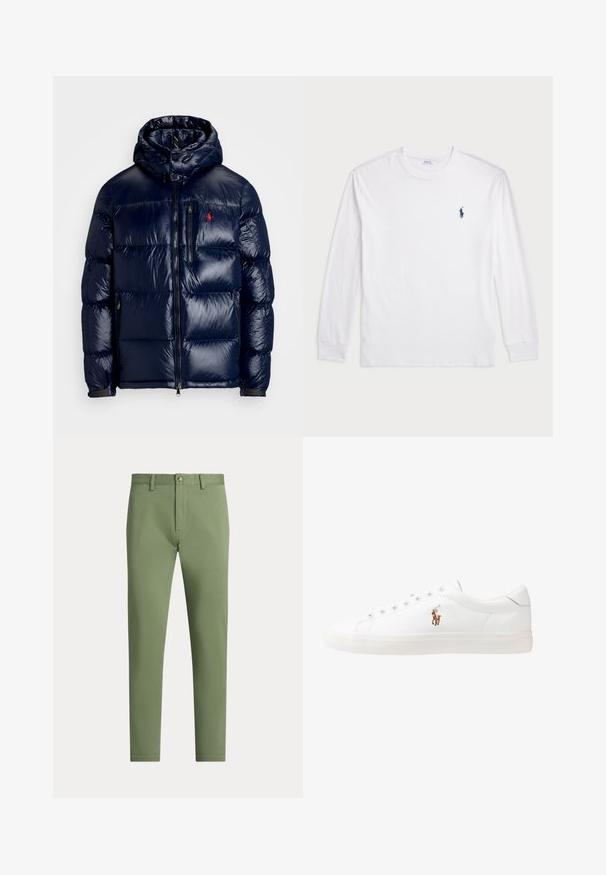 Granatowa kurtka puchowa o błyszczącym wykończeniu, z kapturem, zamkiem błyskawicznym z przodu oraz małym logo na lewej piersi. Teksturowany pikowany wzór.; Biały t-shirt z długim rękawem wykonany z bawełny. Posiada okrągły dekolt, ściągacze przy mankietach oraz małe granatowe logo polo na lewej piersi.; Zielone bawełniane spodnie o dopasowanym kroju, z przednimi kieszeniami, zamkiem błyskawicznym i zapięciem na guzik. Gładka faktura i czysty, minimalistyczny design.; Białe skórzane sneakersy, niskoprofilowy design, charakteryzujące się gładką fakturą, okrągłym noskiem, sznurowanym przodem i małym haftowanym logo z boku.