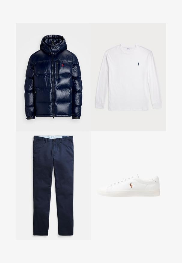 Casaco puffer azul-marinho com um acabamento brilhante, apresentando um capuz, fecho frontal com zíper e um pequeno logotipo no lado esquerdo do peito. Design acolchoado texturizado.; Camisola de manga longa branca feita de algodão. Apresenta um decote redondo, punhos canelados e um pequeno logótipo de polo azul-marinho no lado esquerdo do peito.; Calças chino azul-marinho feitas de tecido misto de algodão, com frente lisa, corte reto e fecho de botão único na cintura.; Sapatilhas de couro brancas, design de cano baixo, com textura suave, biqueira redonda, atacadores à frente e um pequeno logótipo bordado na lateral.